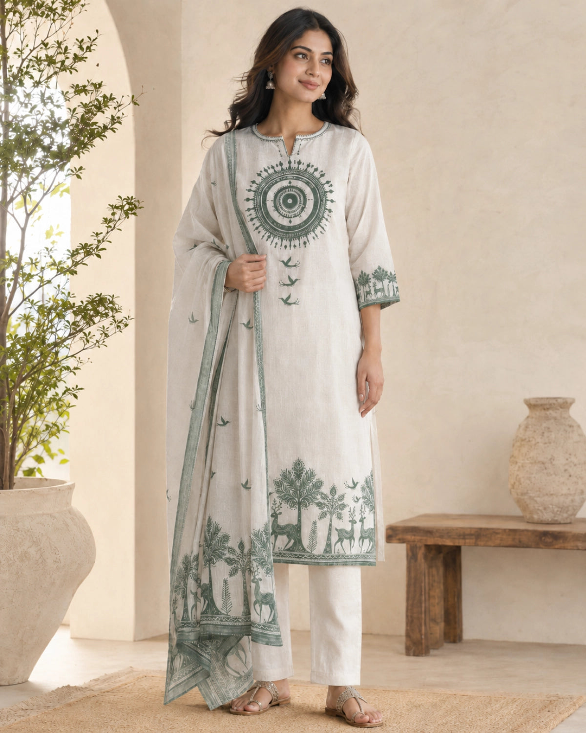Off-White Warli Print Cotton Kurta Pant Dupatta for Daily Wear