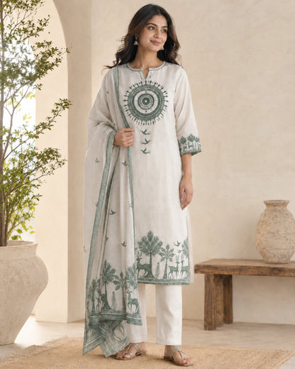 Off-White Warli Print Cotton Kurta Pant Dupatta for Daily Wear