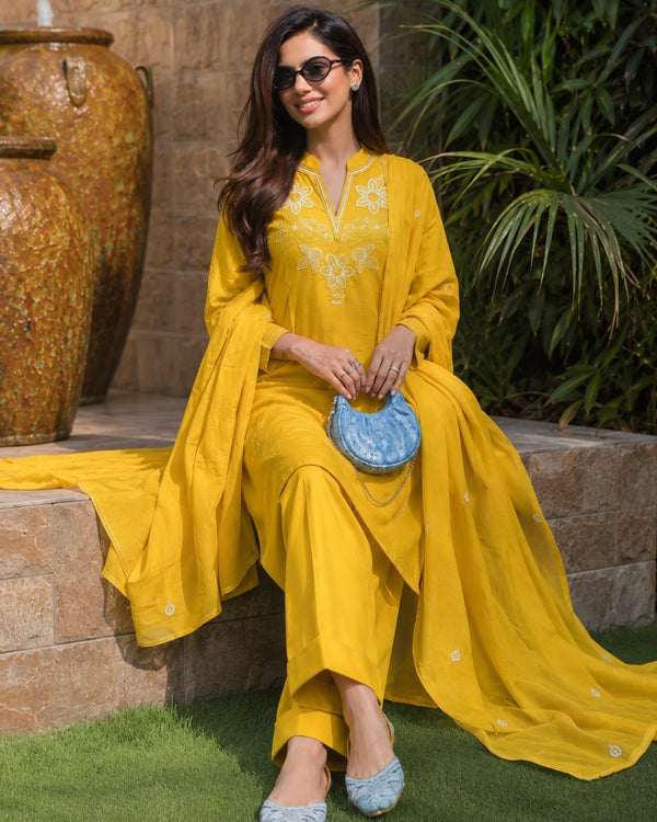 Yellow Embroidered Cotton Kurta Pant Dupatta for Daily Wear