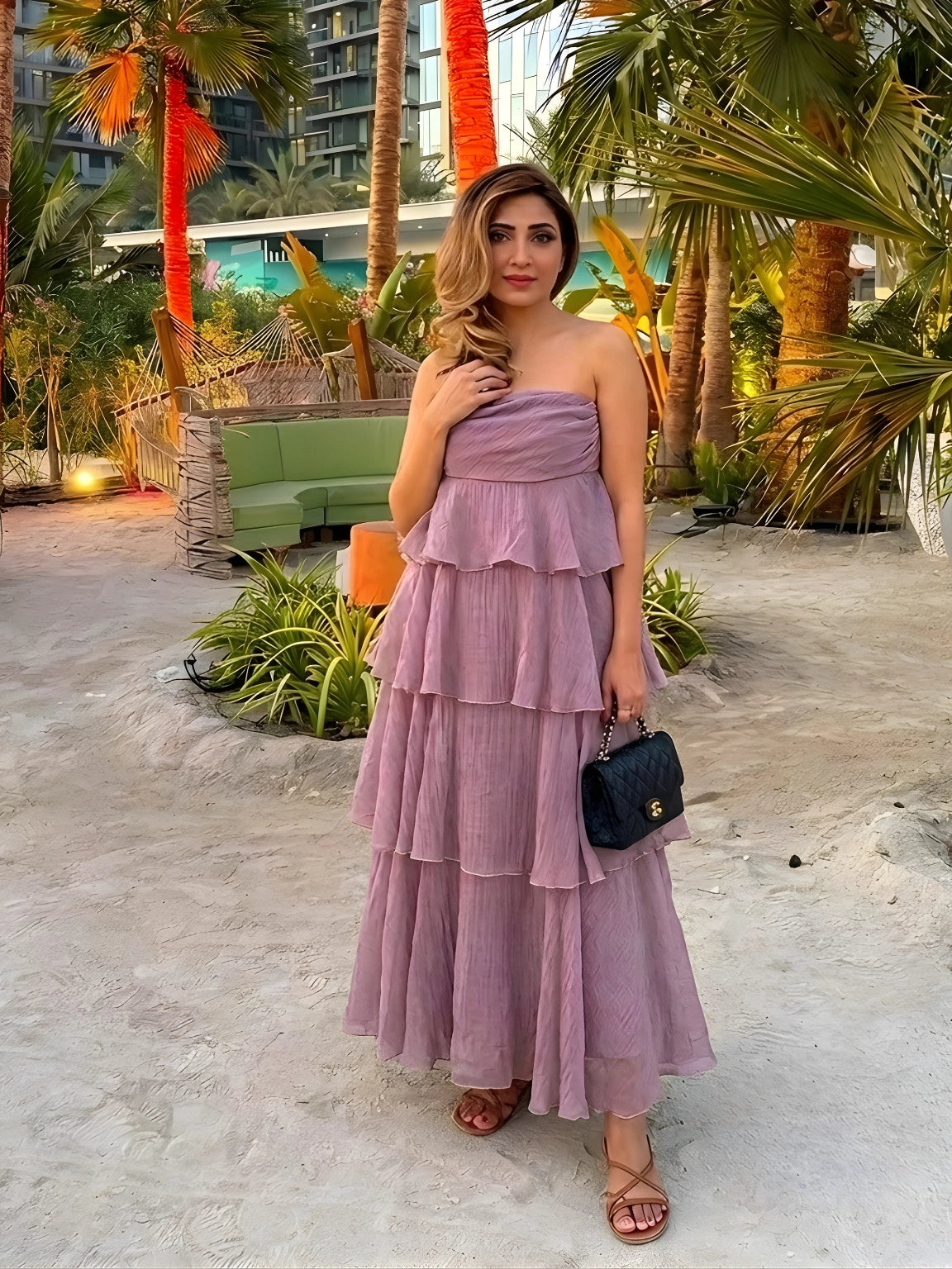 Dusty Mauve Strapless Tiered Maxi Dress