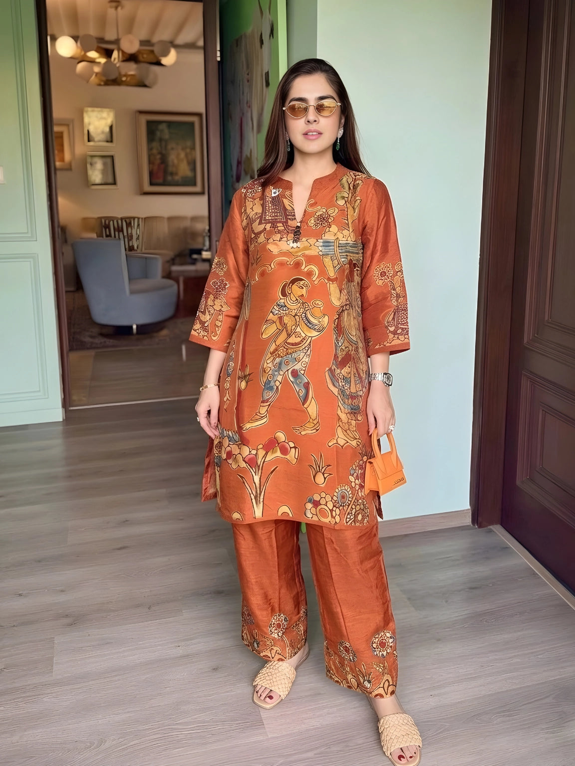 Rust Heritage Motif Kurta Pant Set