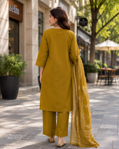 Block Print Cotton Kurta Pant Dupatta with Round Neck for Daily Wear