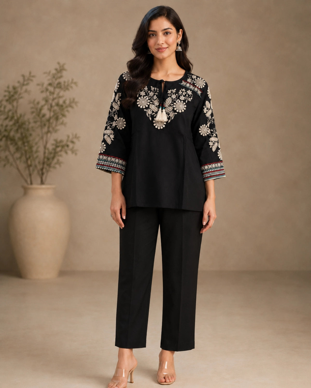 Black Floral Embroidered Cotton Co-Ord Set for Daily Wear