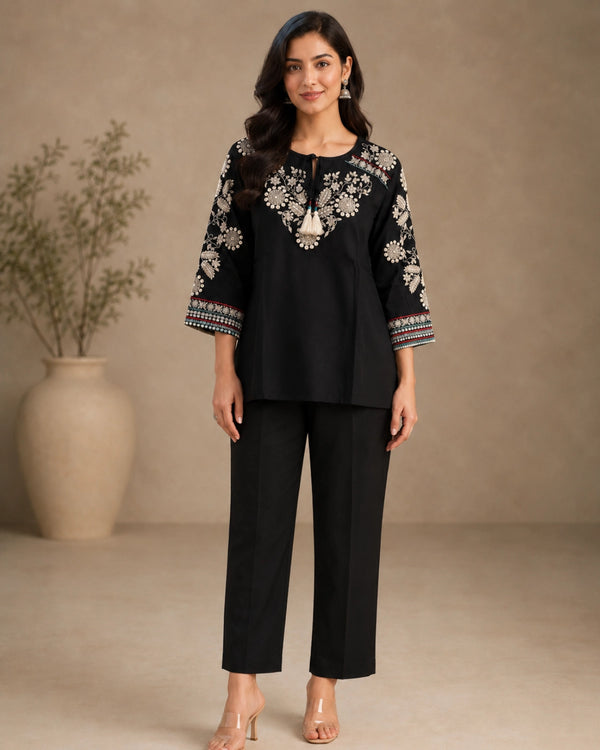 Black Floral Embroidered Cotton Co-Ord Set for Daily Wear