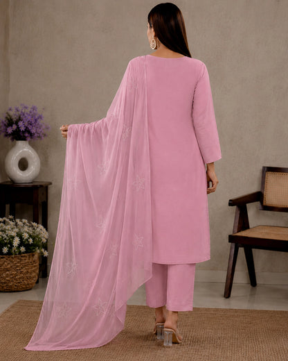 Pink Thread Embroidered Cotton Kurta Pant Dupatta Set for Daily Wear