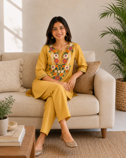 Floral Thread Work Cotton Co-ord Set with Notch Neck for Vacation Wear