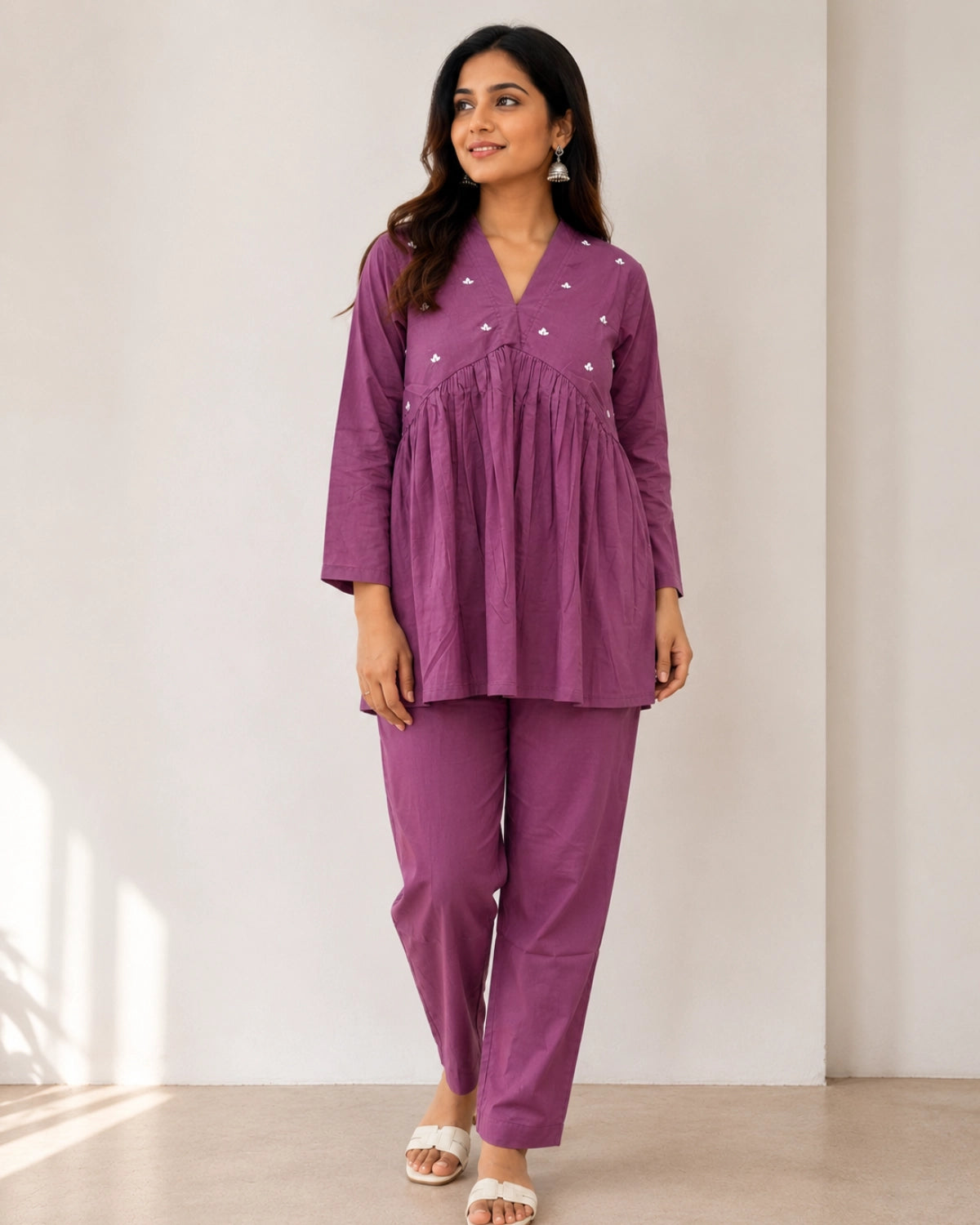 Mirror Work Cotton Co-ord Set with V Neck for Vacation Wear