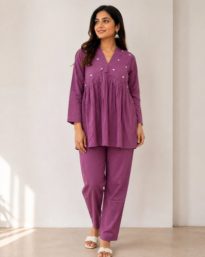 Mirror Work Cotton Co-ord Set with V Neck for Vacation Wear