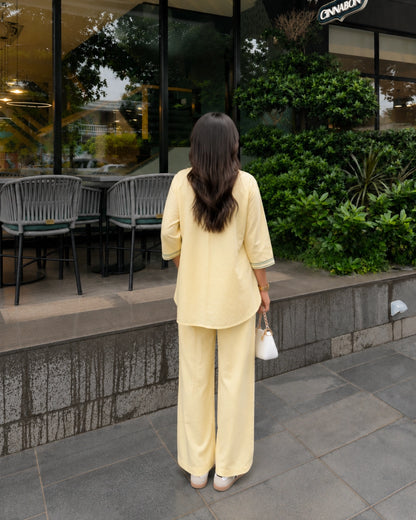 Butter Yellow Floral Embroidered Cotton Co-ord Set for Vacation Wear