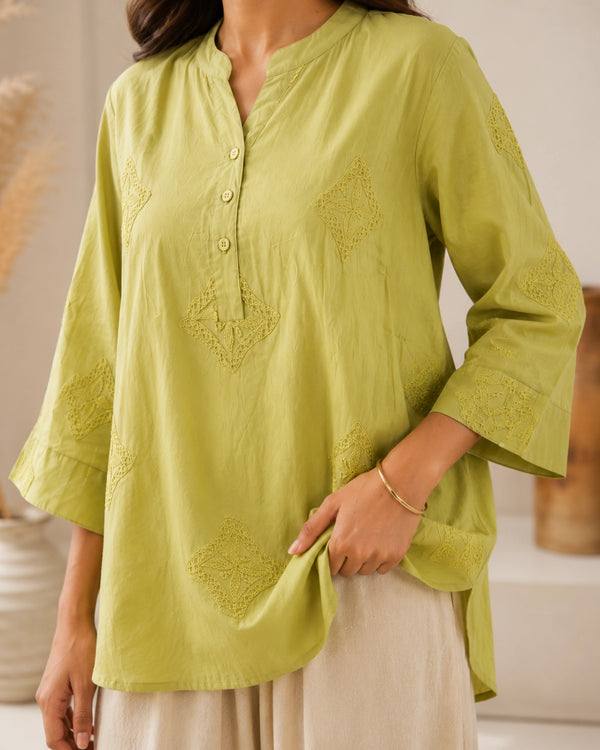 Thread Work Imported Kurti with Mandarin Neck Collar for Vacation Wear — image 3