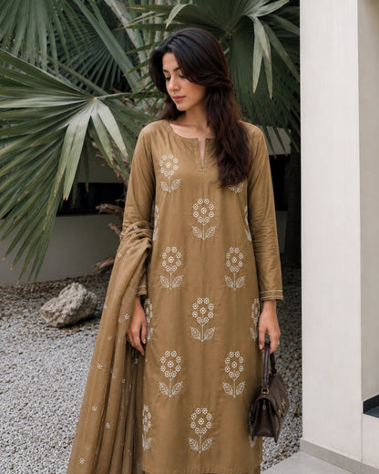 Olive Brown Thread Work Cotton Kurta Pant Dupatta for Daily Wear