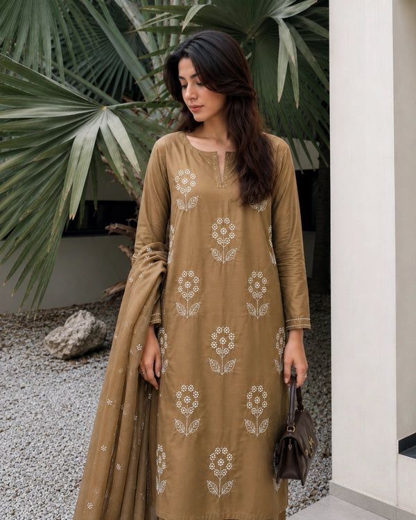 Olive Brown Thread Work Cotton Kurta Pant Dupatta for Daily Wear — image 3