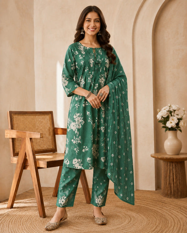 Bottle Green Floral Cotton Kurta Pant Dupatta for Daily Wear