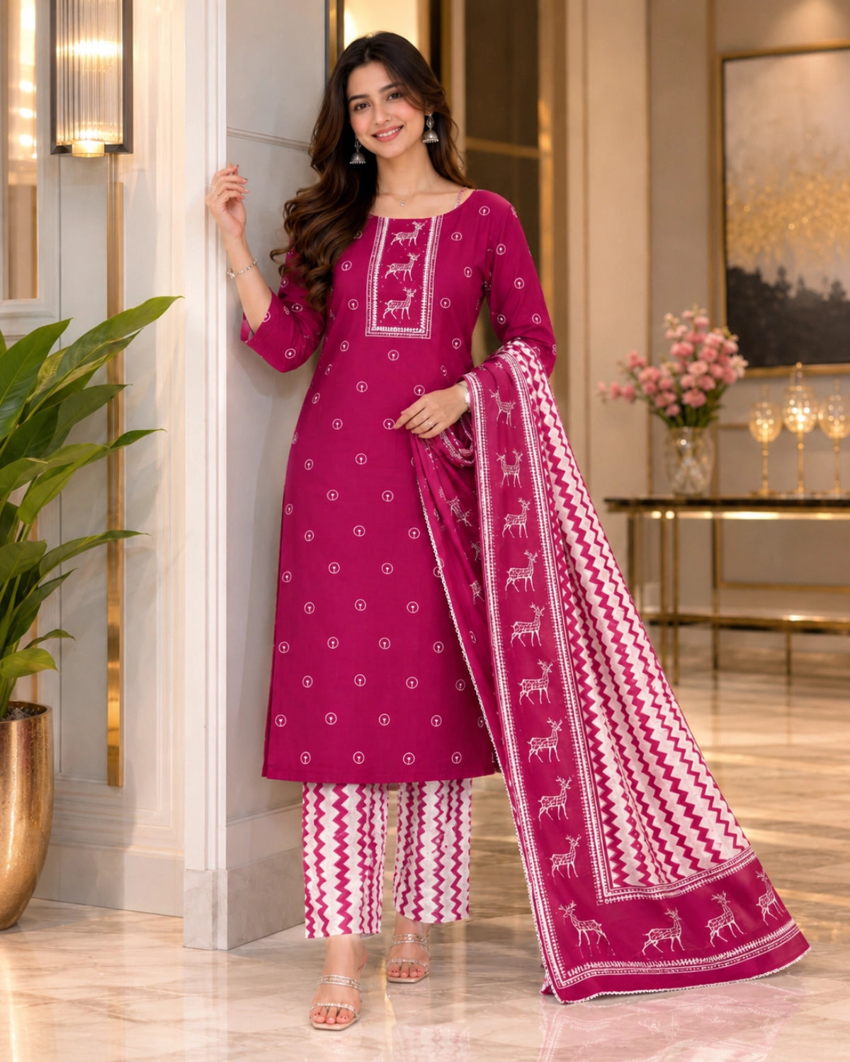 Rani Pink Block Print Cotton Unstitched Suit for Daily Wear