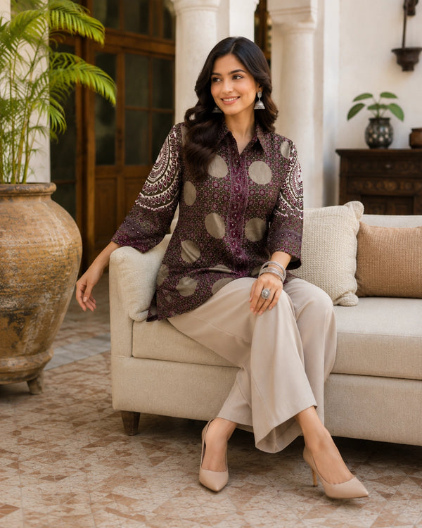 Wine Ajrakh Print Crepe Short Shirt with Collar Neck for Vacation Wear