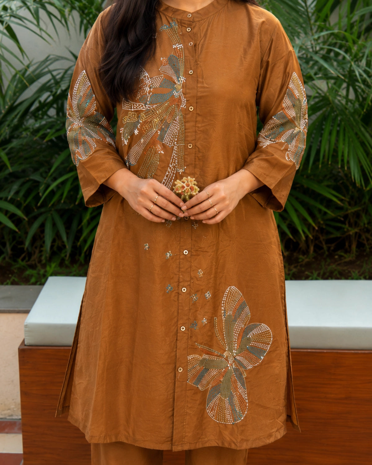 Brown Kantha Cotton Kurta Pant Set with Mandarin Collar