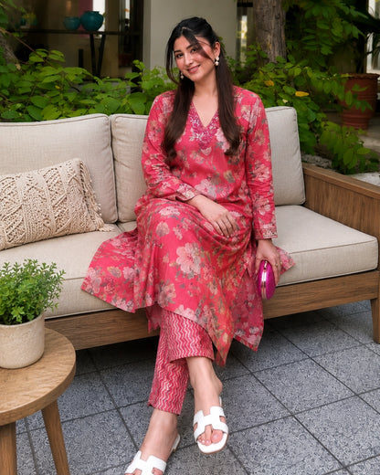 Coral Pink Floral Print Rayon Kurta Pant Set for Daily Wear