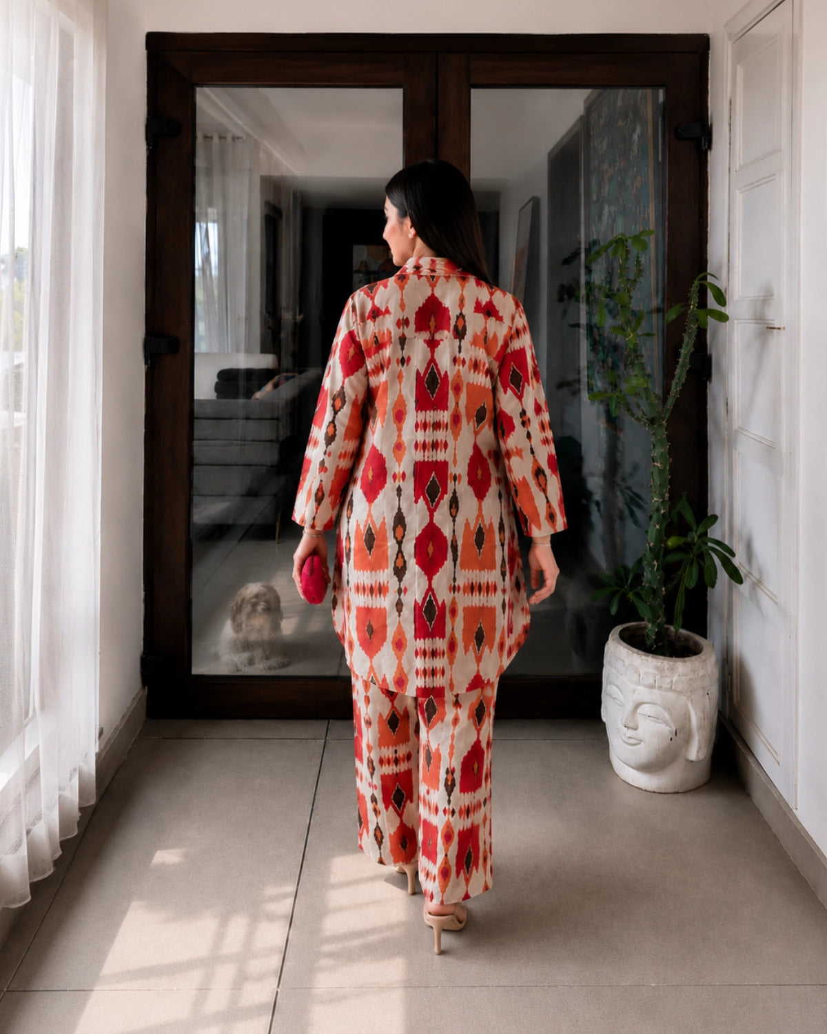 Red Ikat Print Cotton Co-ord Set with Shirt Collar for Office Wear