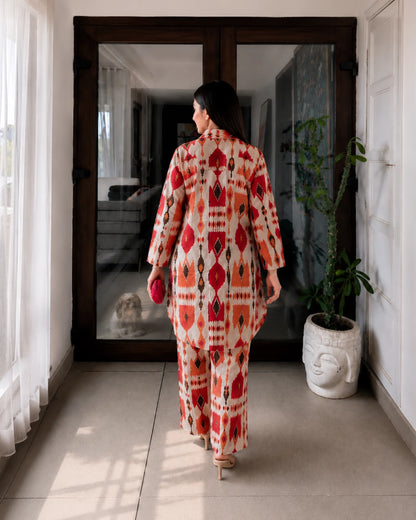 Red Ikat Print Cotton Co-ord Set with Shirt Collar for Office Wear