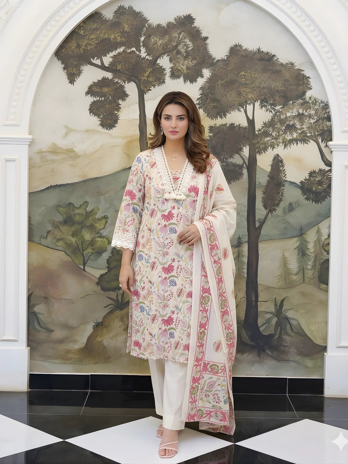 Off-White Floral 3-Piece Kurta Suit