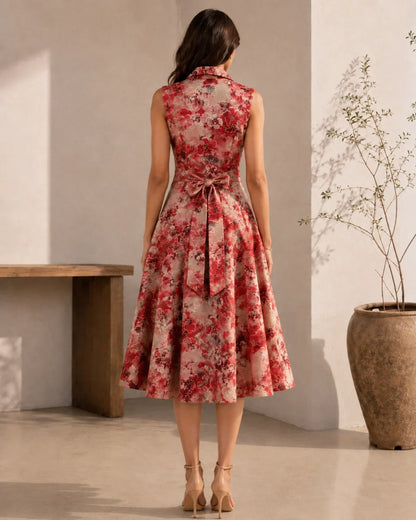 Floral Print Sleeveless Collared Rayon Midi Dress for Vacation