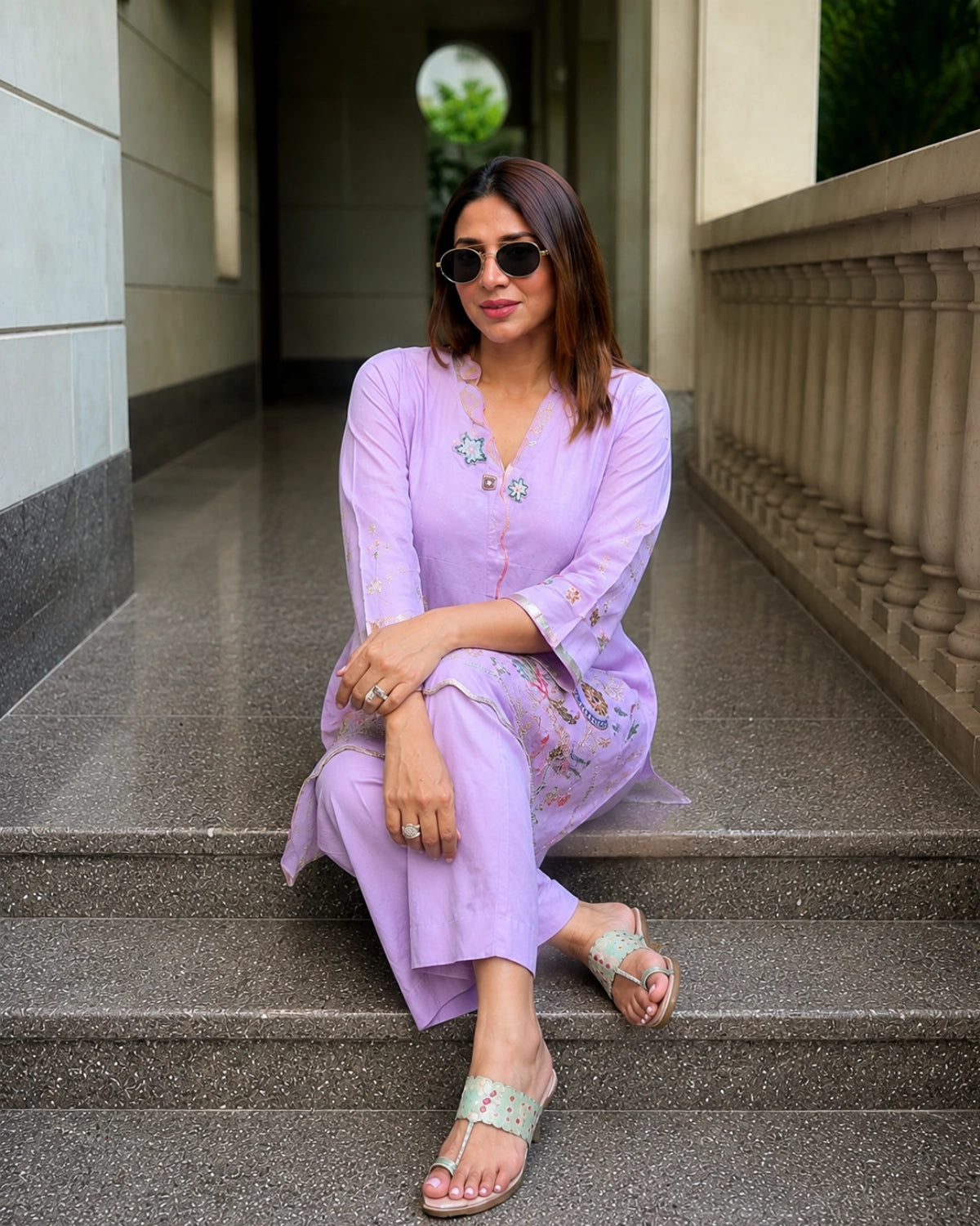 Lavender Embroidered Cotton Kurta Pant Set for Office Wear