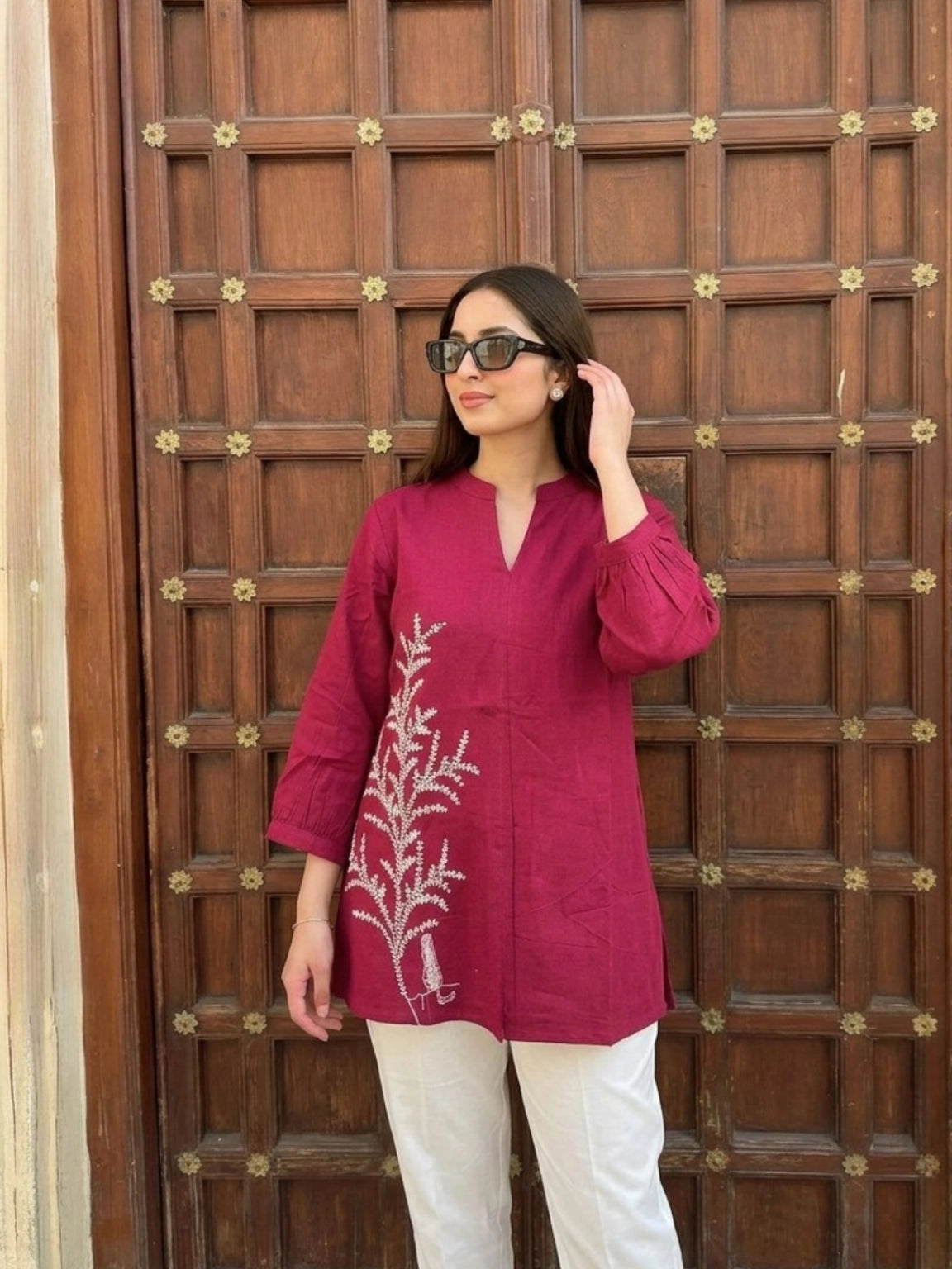 Magenta Embroidered Notch-Neck Kurti