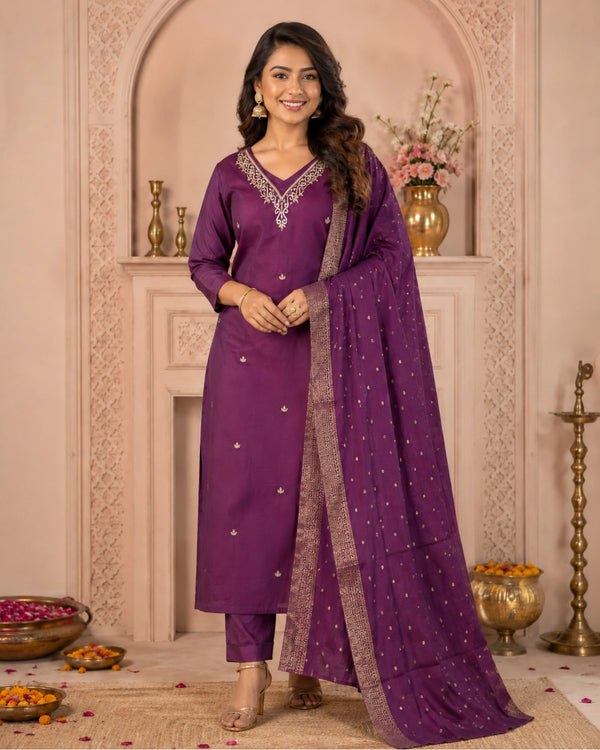 Wine Purple Thread Work Roman Silk Kurta Set for Festive Wear — image 1