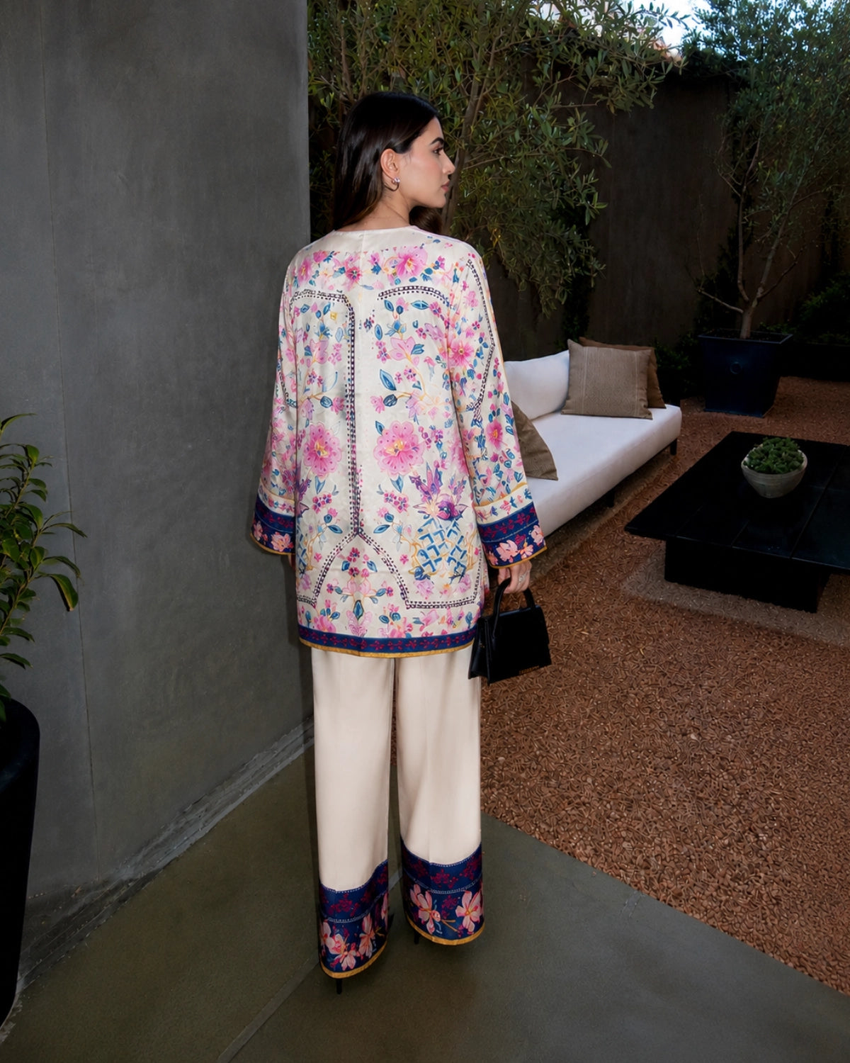 Ivory Floral Crepe Co-ord Set with Border Print for Vacation Wear