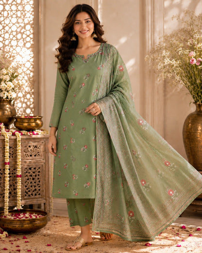 Sage Green Floral Print Cotton Kurta Pant Dupatta for Daily Wear