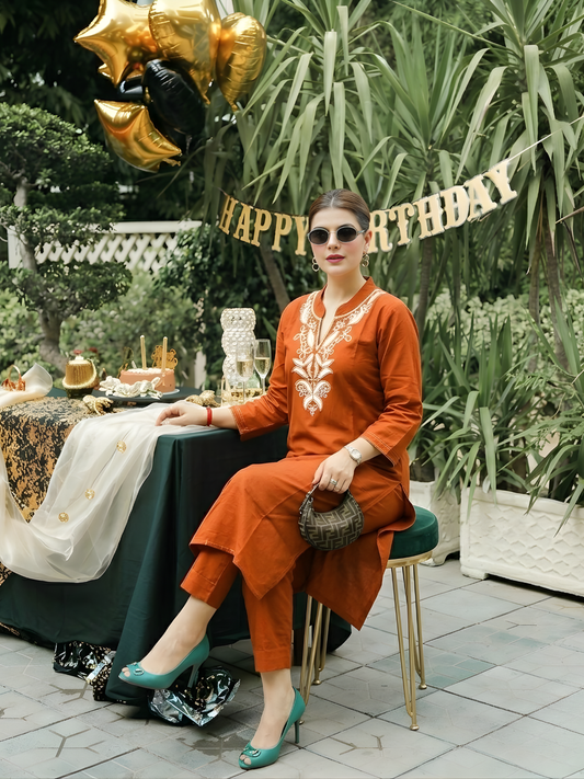 Rust Orange Embroidered Kurta Pant Set