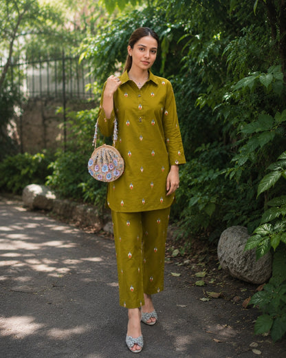 Olive Green Ikat Cotton Co-ord Set with Shirt Collar for Daily Wear