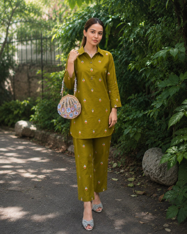 Olive Green Ikat Cotton Co-ord Set with Shirt Collar for Daily Wear — image 4
