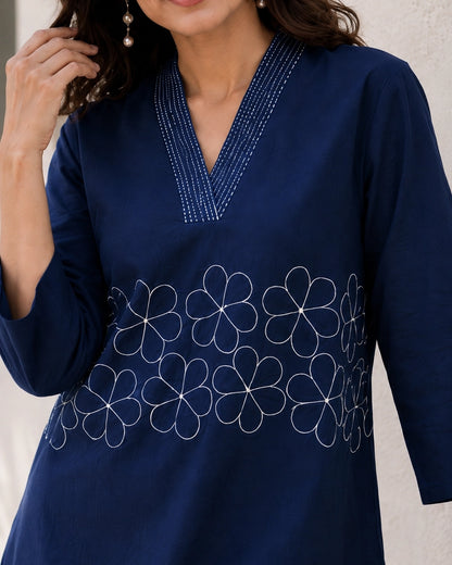 Embroidered V-Neck Three-Quarter Sleeve Cotton Kurti