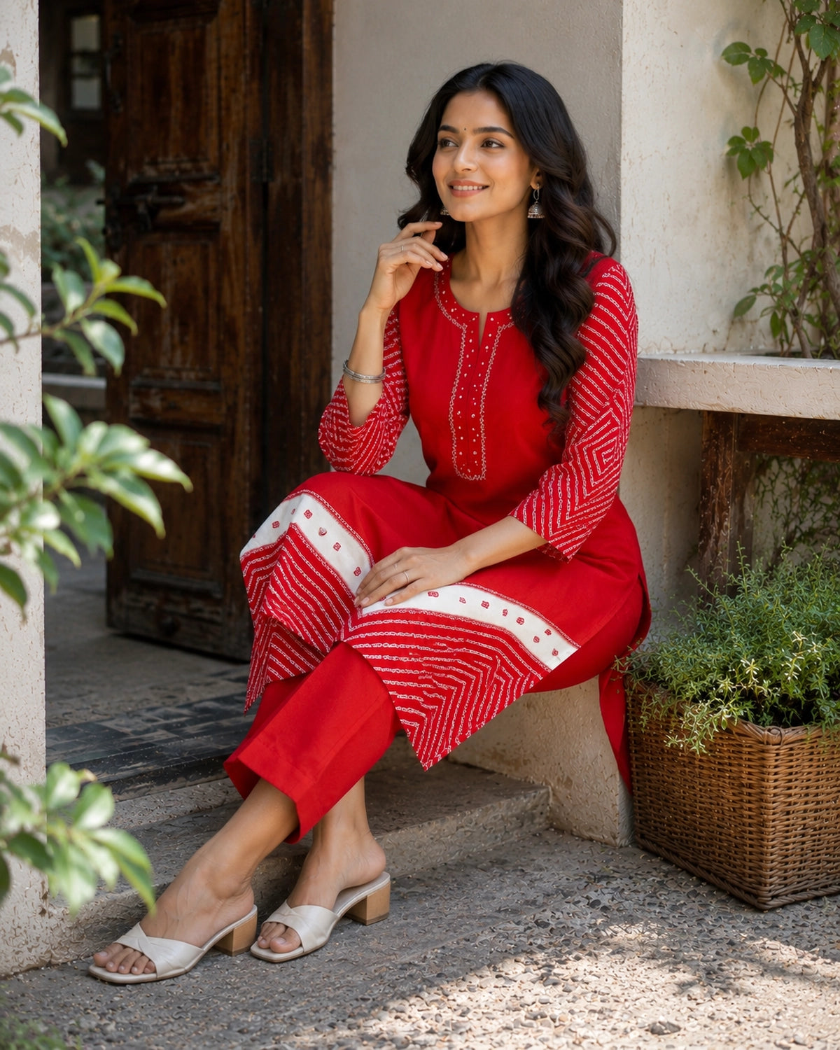 Red Bandhani Border Rayon Kurta Pant Set with Embroidery