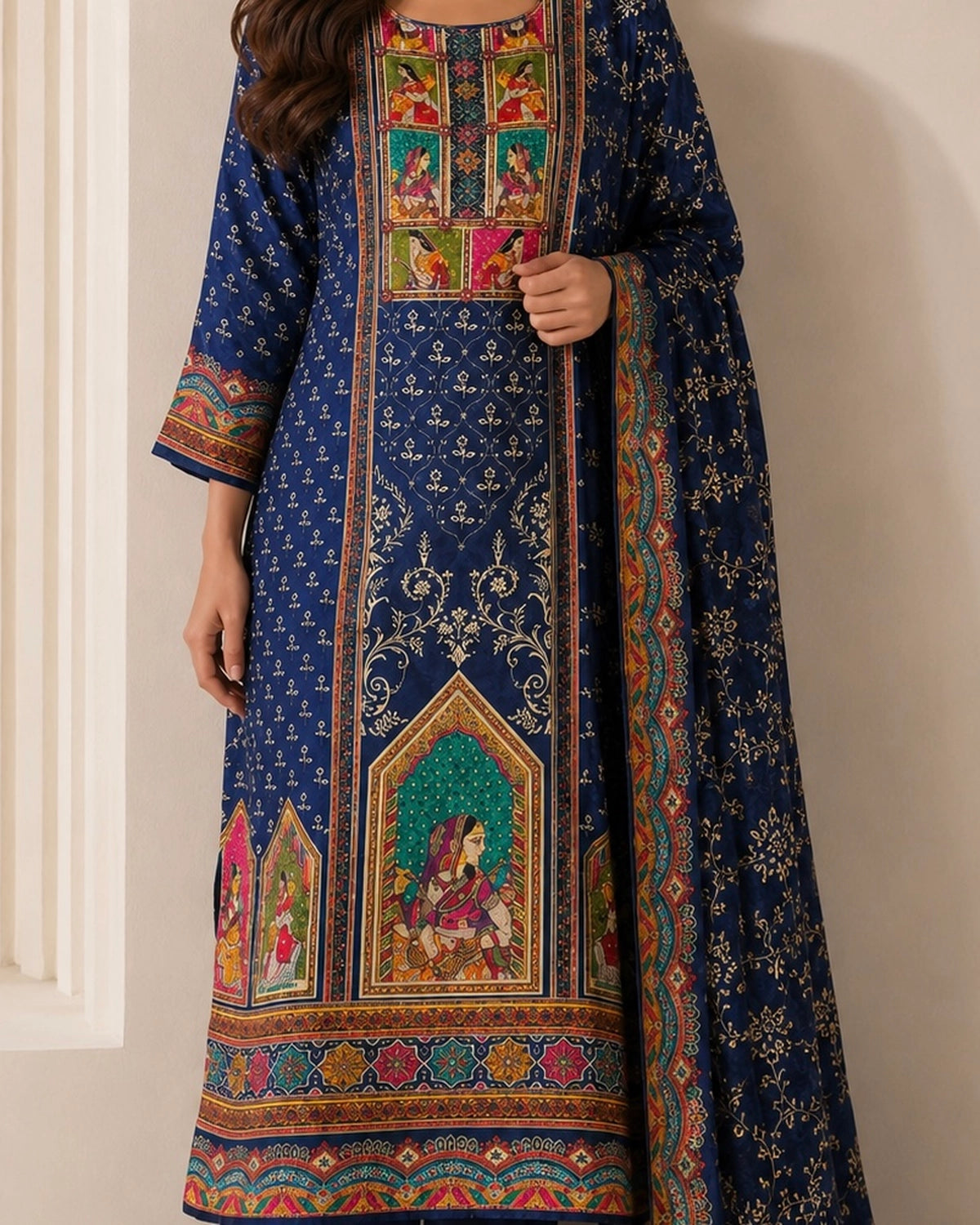 Navy Blue Ethnic Miniature Print Crepe Kurta Pant Dupatta Set