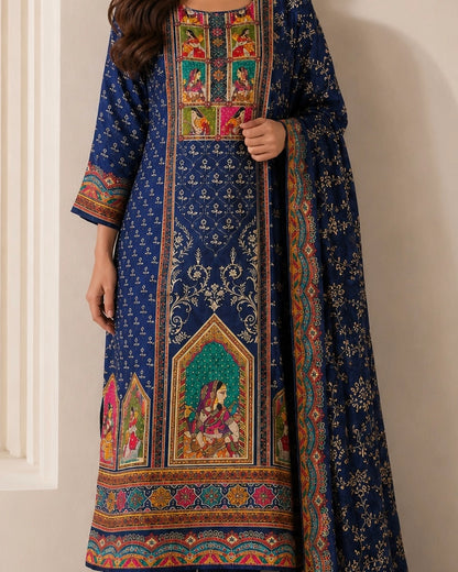 Navy Blue Ethnic Miniature Print Crepe Kurta Pant Dupatta Set