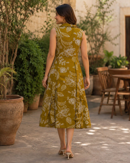Sleeveless Collared Flared Rayon Midi Dress for Vacation Wear