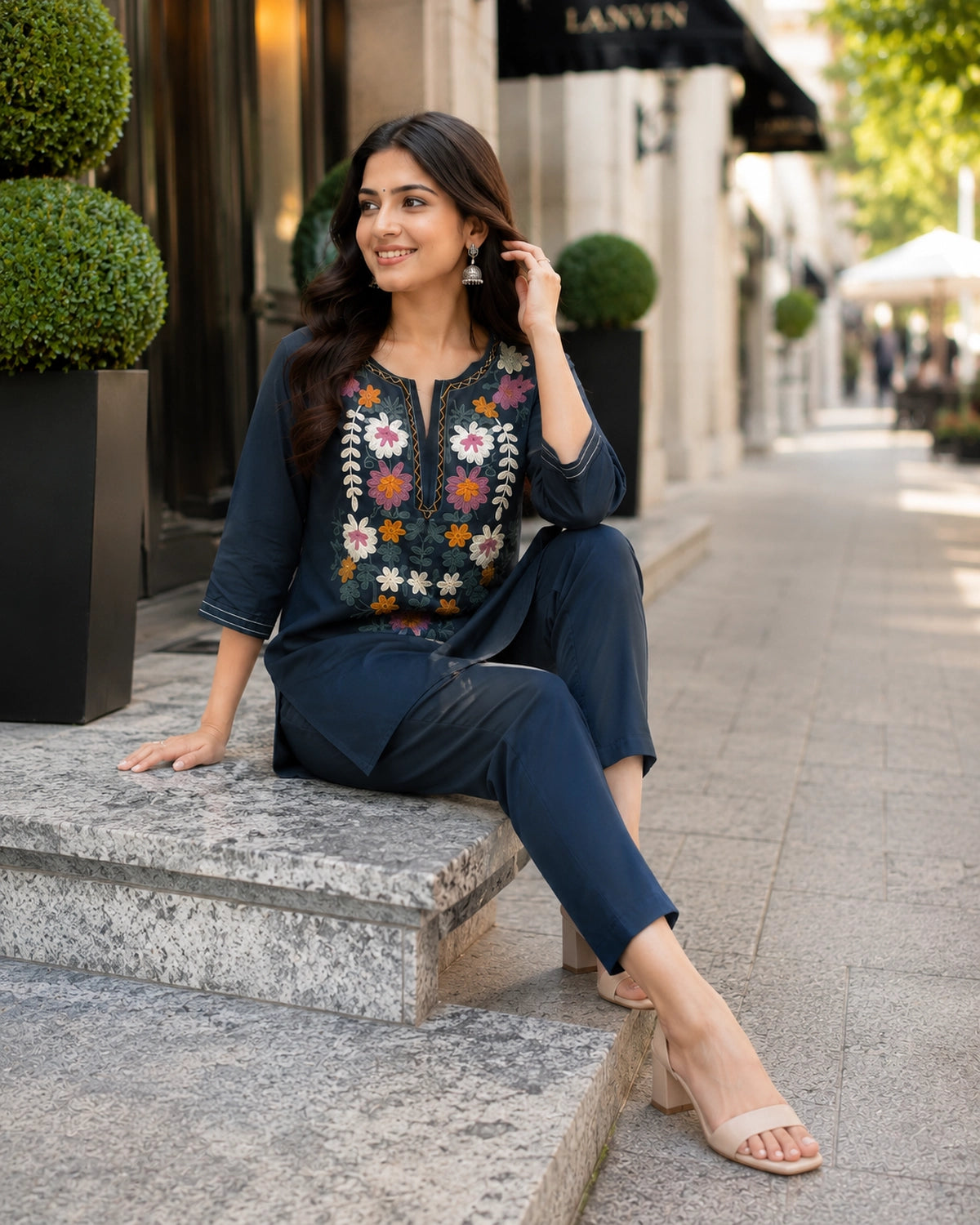 Thread Work Round Neck Rayon Co-ord Set