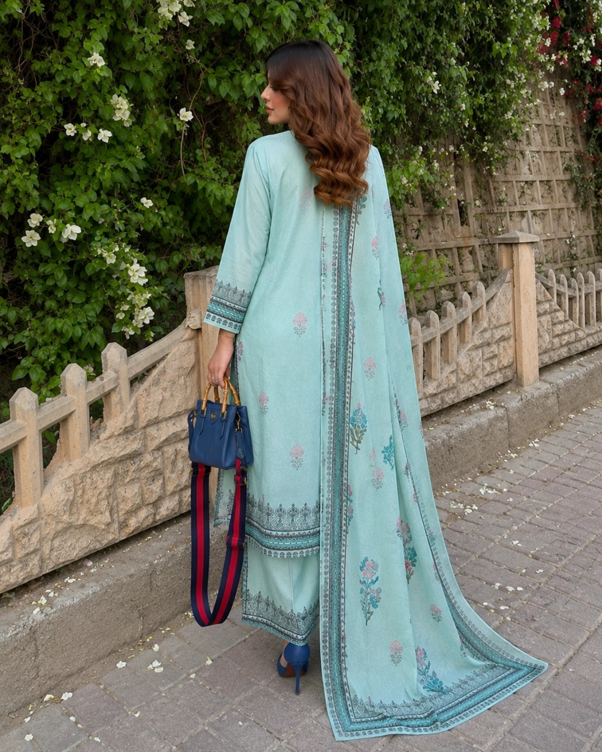 Mint Floral Block Print Cotton Kurta Pant Dupatta Set for Office Wear