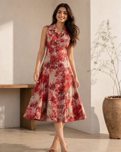 Floral Print Rayon Midi Dress with Collar Neck for Vacation Wear