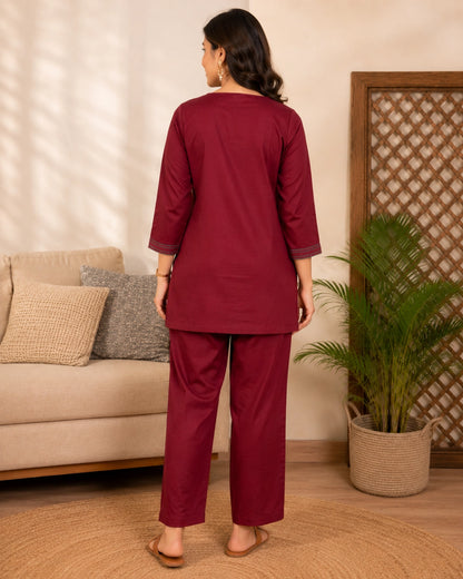 Maroon Embroidered Cotton Co-Ord Set with Notch Neck for Vacation Wear