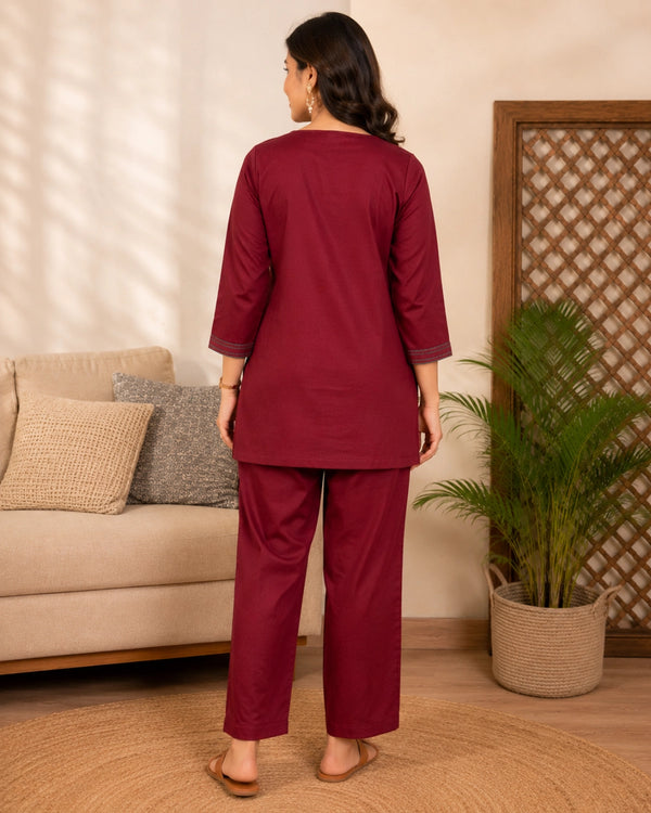 Maroon Embroidered Cotton Co-Ord Set with Notch Neck for Vacation Wear — image 4