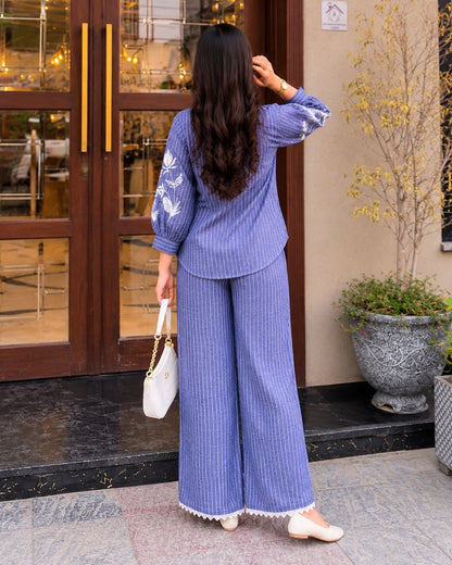 Thread Work Imported Co-ord Set with Mandarin Neck and Lace Trim for Vacation Wear