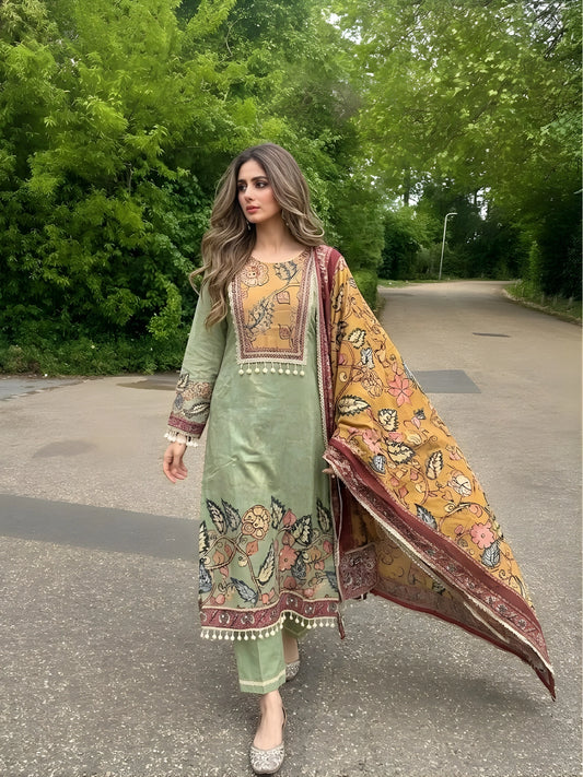 Sage Green Floral Printed Kurta Suit Set with Dupatta