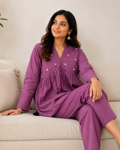 Mirror Work Cotton Co-ord Set with V Neck for Vacation Wear