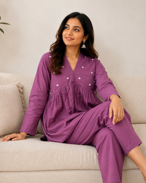 Embroidered Cotton Co-Ord Set with V Neck