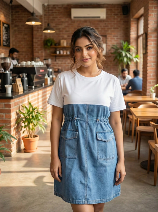 White & Blue Denim Colorblock Dress