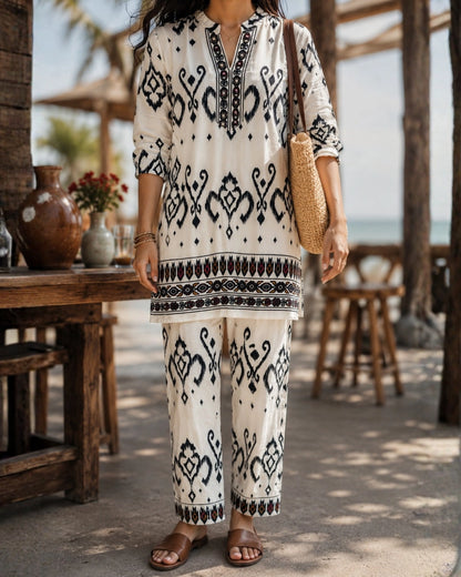 Ikat Print Rayon Co-ord Set with Notch Neck for Vacation Wear