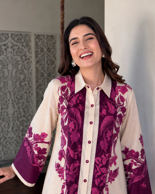 Ivory Magenta Floral Chiffon Co-Ord Set with Border for Vacation Wear — image 2
